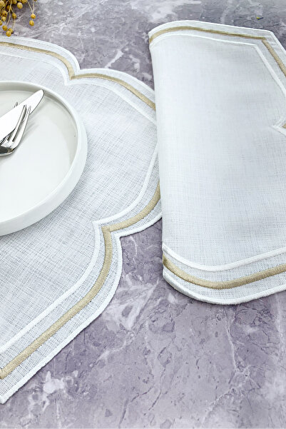 WEARE2 White Beige Colored Moonrise Embroidered 4 Piece Set (2+2) American Service and Cocktail Napkin