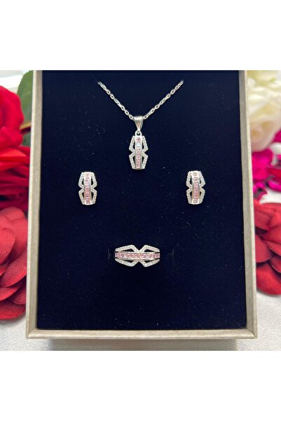 Victoria Pembe Sıra Taşlı Kadın 3'lü Set 925 Ayar Gümüş Zirkon Taşlı