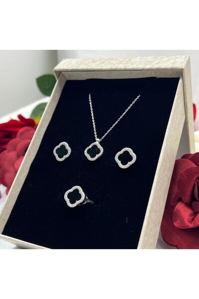 Victoria Van Cleef Yonca Siyah Taşlı Kadın 3'lü Seti 925 Ayar Gümüş Radyumlu 12 mm