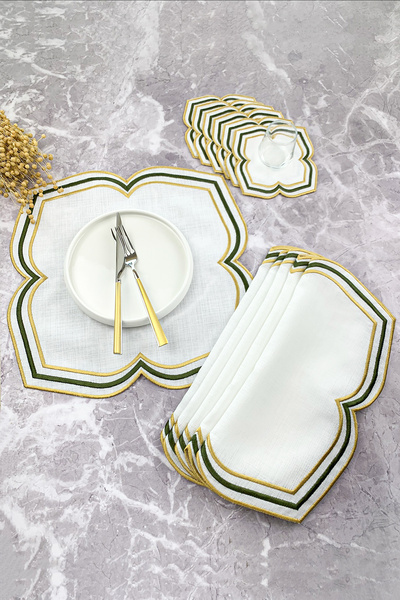 WEARE2 Khaki Gold Colored Moonrise Embroidered 12 Piece Set (6+6) American Service and Cocktail Napkin