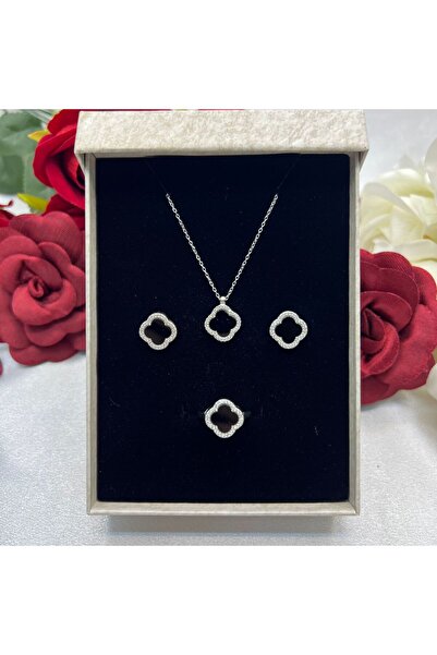 Victoria Van Cleef Yonca Siyah Taşlı Kadın 3'lü Seti 925 Ayar Gümüş Radyumlu ...