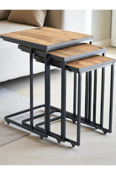 ModernEvveOfis Tekerlekli C 3’lü Zigon Sehpa – Atlantik Çam, Metal İskelet