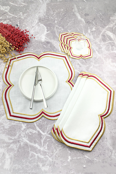 WEARE2 Burgundy Gold Colored Moonrise Embroidered 8 Piece Set (4+4) American Service and Cocktail Napkin
