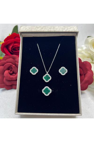 Victoria Van Cleef Yonca Yeşil Taşlı Kadın 3'lü Seti 925 Ayar Gümüş Radyumlu 12 mm