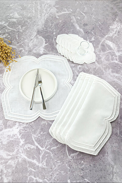 WEARE2 White Colored Moonrise Embroidered 12 Piece Set (6+6) American Service and Cocktail Napkin