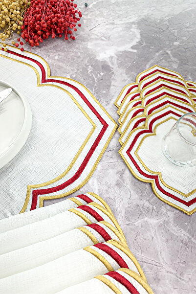 WEARE2 Burgundy Gold Colored Moonrise Embroidered 12 Piece Set (6+6) American Service and Cocktail Napkin