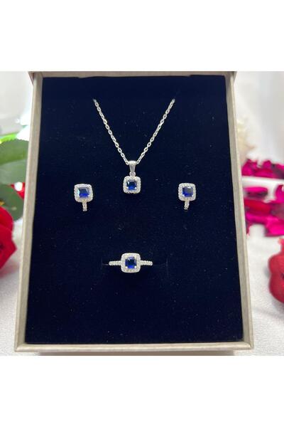 Victoria Safir Mavisi Pırlanta Kare Kadın 3'lü Takı Seti 925 Ayar Gümüş Zirko...