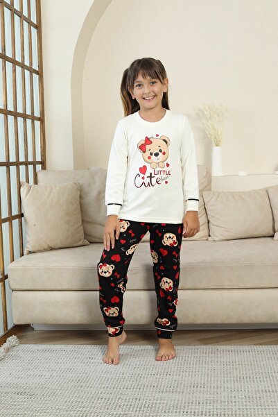 Zekalya Little Cute Teddy Bear Patterned Girls' Pajama Set - Ecru