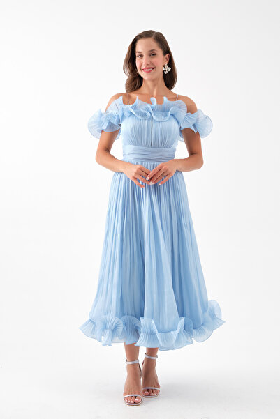 Lafaba Kadın Bebe Mavi Yaka Detay Midi Abiye Elbise