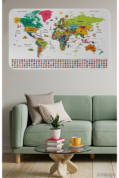 SONİKON LİNE Educational Capital Detailed World Map Wall Sticker with Turkish Country Flags, Decorative, 3841