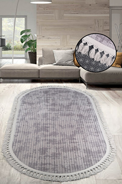 Bestekar Luxsquare Gri Oval Ponpon Saçaklı Kaymaz Tabanlı Yumuşak Yıkanabilir...