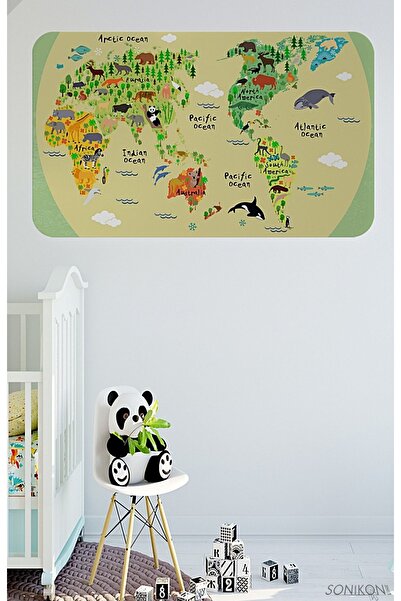 SONİKON LİNE Educational World Map World Atlas Kids Room Wall Sticker, Decorative, 3773