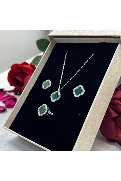 Victoria Van Cleef Yonca Yeşil Taşlı Kadın 3'lü Seti 925 Ayar Gümüş Radyumlu ...