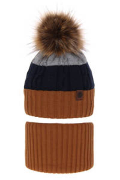 fantasialand Winter set for boys, hat and scarf brown-navy Karmel