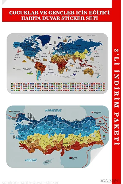 SONİKON LİNE Educational World and Türkiye Map Kids Room Wall Sticker, Set of 2, Decorative, 3891