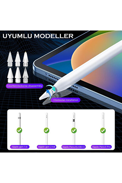 TECHNOM Apple Pencil 1.Nesil /2.Nesil/Pencil Pro/Usb-c İpad Pro/Mini/Air Model Uyumlu 6 lı Yedek Uç ve Çanta