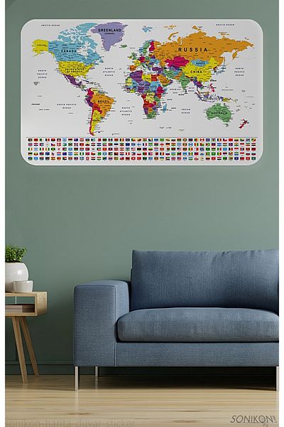 SONİKON LİNE Educational Capital Detailed World Map Wall Sticker with Country Flags, Decorative, 3848