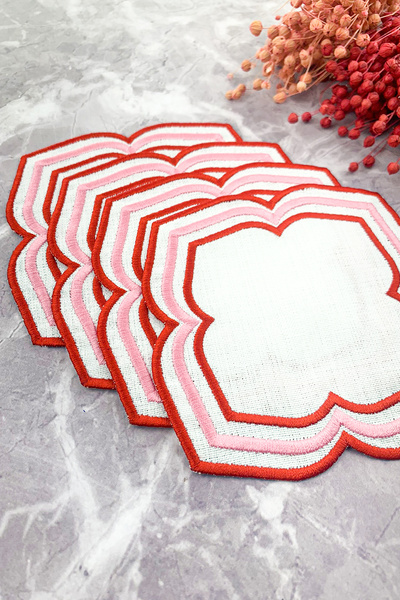 WEARE2 Red Pink Colored Moonrise Embroidered 4-Piece Cocktail Napkin