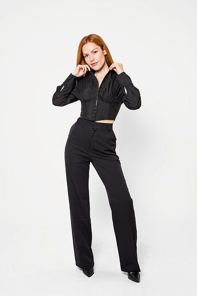 Bak Moda Poplin Crop Shirt with Long Sleeves and Black Crop Shirt