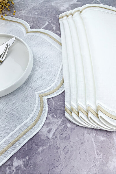 WEARE2 White Beige Colored Moonrise Embroidered 12 Piece Set (6+6) American Service and Cocktail Napkin