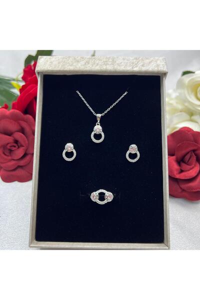 Victoria Pembe Taşlı Halka Kadın 2'li Seti 925 Ayar Gümüş Rodyumlu Zirkon Taşlı