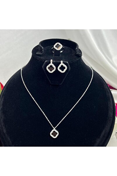 Victoria Van Cleef Yonca Siyah Taşlı Kadın 3'lü Seti 925 Ayar Gümüş Radyumlu ...