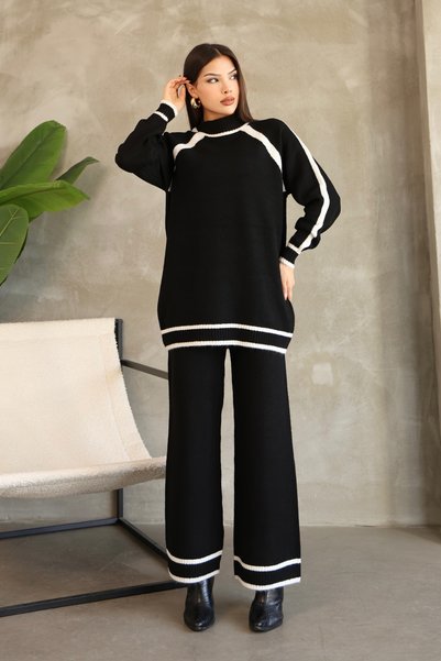 ALCHON Stand-Up Round Neck Long Sleeve Stripe Sweater Elastic Waist Straight Leg Pants Soft Knitwear Two-Piece Set