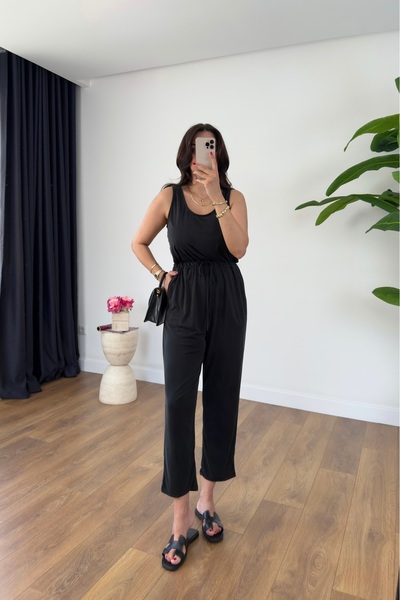 BİRCANÇİL Tonris Black Rope Detailed Thick Strap Jumpsuit