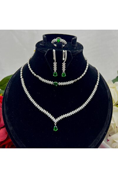 Victoria Zümrüt Yeşili Damla Taşlı Gelin Nişan 4'lü Takı Seti 925 Ayar Gümüş