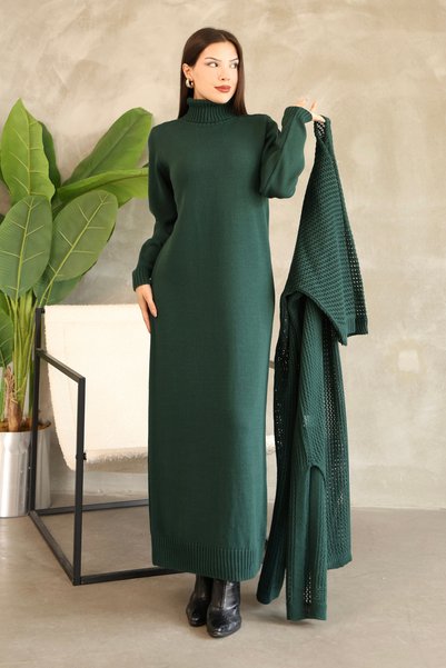 ALCHON Turtleneck Long Sleeve Ankle-Length Solid Color Dress and Openwork Batwing Sleeve Knit Cardigan Two-Piece Set