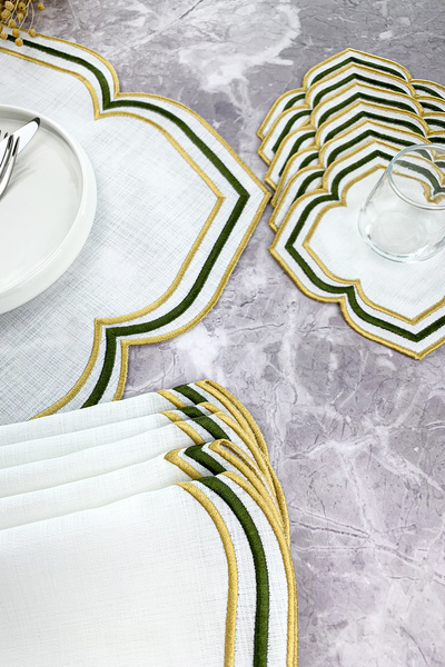 WEARE2 Khaki Gold Colored Moonrise Embroidered 12 Piece Set (6+6) American Service and Cocktail Napkin