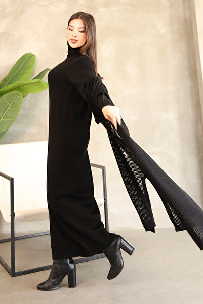 ALCHON Turtleneck Long Sleeve Ankle Length Solid Color Dress Hollowed Out Openwork Bat Sleeve Cardigan Knitwear Two-Piece Suit