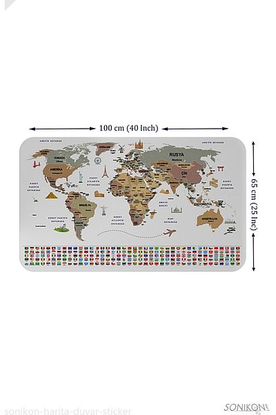 SONİKON LİNE Educational Capital Detailed World Map Wall Sticker with Turkish Country Flags, Decorative, 3862