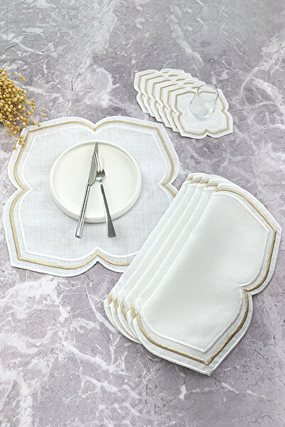 WEARE2 White Beige Colored Moonrise Embroidered 12 Piece Set (6+6) American Service and Cocktail Napkin
