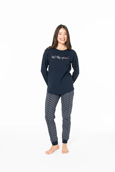 U.S. Polo Assn. Kadın Pijama Takımı, Cepsiz, %100 Pamuk, Uzun Kollu, Geniş Yaka, Paçası Lastikli