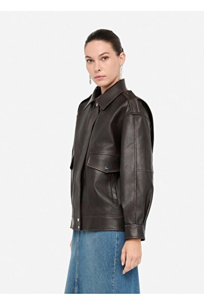 Liu Jo Women's Comfortable Fit Notched Collar Zippered Leather Brown Jacket Mf5097E1051-X0558