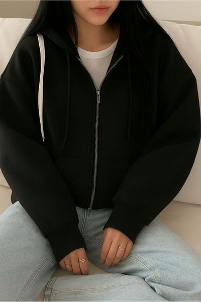 BYMEER Black Zippered Hooded Crop Sweat Cardigan