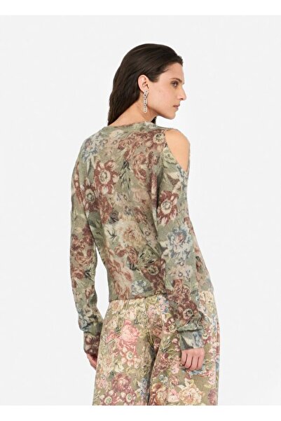 Liu Jo Women's Regular Fit Pastel Effect Flower Pattern Long Sleeve V Neck Knitted Multicolor Cardigan Mf5242Ma17R-