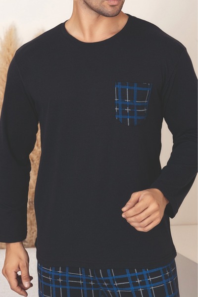 Sude HOMEWEAR Men's Plaid Pocket Long Sleeve Pajama Set