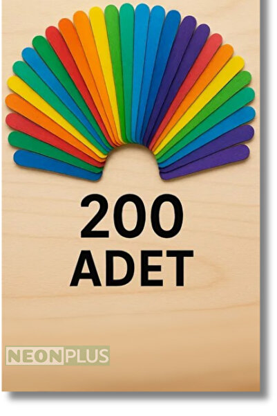 NEON PLUS Renkli 200 Adet Ahşap Büyük Geniş Dil Çubuğu Tahta Dondurma Dil Bas...