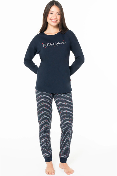 U.S. Polo Assn. Kadın Pijama Takımı, Cepsiz, %100 Pamuk, Uzun Kollu, Geniş Yaka, Paçası Lastikli