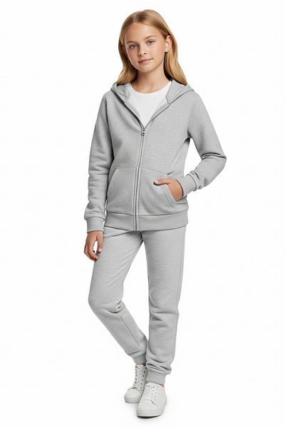 FYK KİDS Zipped Hooded Kangaroo Pocket Solid Printless Girl's Tracksuit Set