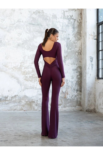 lismina Mürdüm Rengi Uzun Kollu Arkası Büzgülü ( Scrunch Butt ) Spor Tayt Tulum