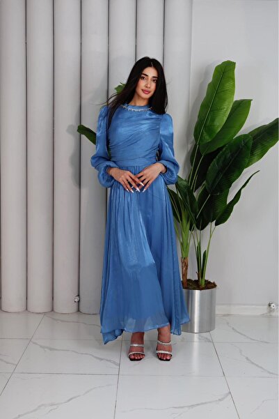 Moda Siesta Mavi Yoryo Saten Şifon Taş Detaylı Uzun Elbise