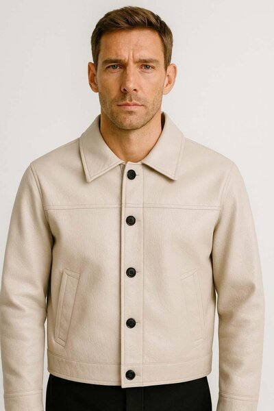 Valiberta Denzel Buttoned Side Pocket Leather Look Men's Jacket - Beige