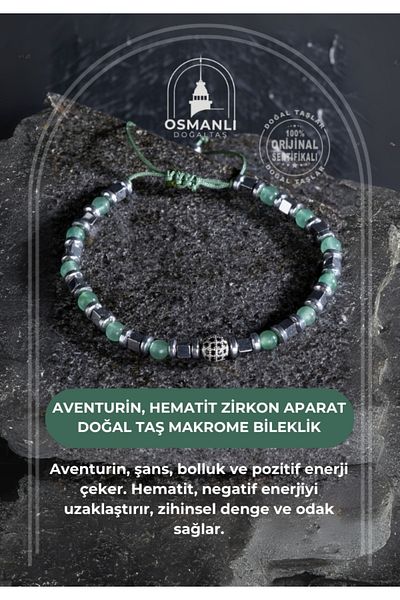 OSMANLI DOĞAL TAŞ Certified Aventurine, Hematite Zircon Apparatus Natural Stone Macrame Bracelet