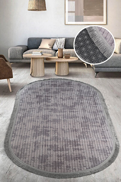 Bestekar Luxsquare Gri Oval Spor Saçaklı Kaymaz Taban Yumuşak Yıkanabilir Mod...