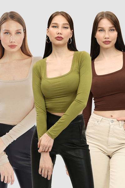 LAENT Women's Cream Oil Green Brown Square Collar 3-Piece Crop Body