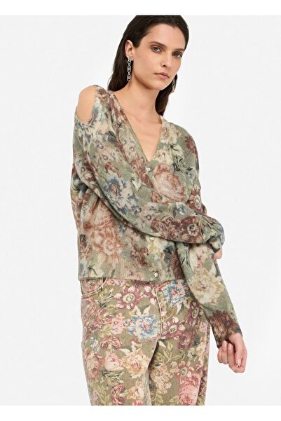 Liu Jo Women's Regular Fit Pastel Effect Flower Pattern Long Sleeve V Neck Knitted Multicolor Cardigan Mf5242Ma17R-