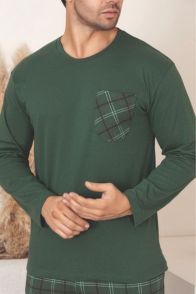 Sude HOMEWEAR Men's Plaid Pocket Long Sleeve Pajama Set